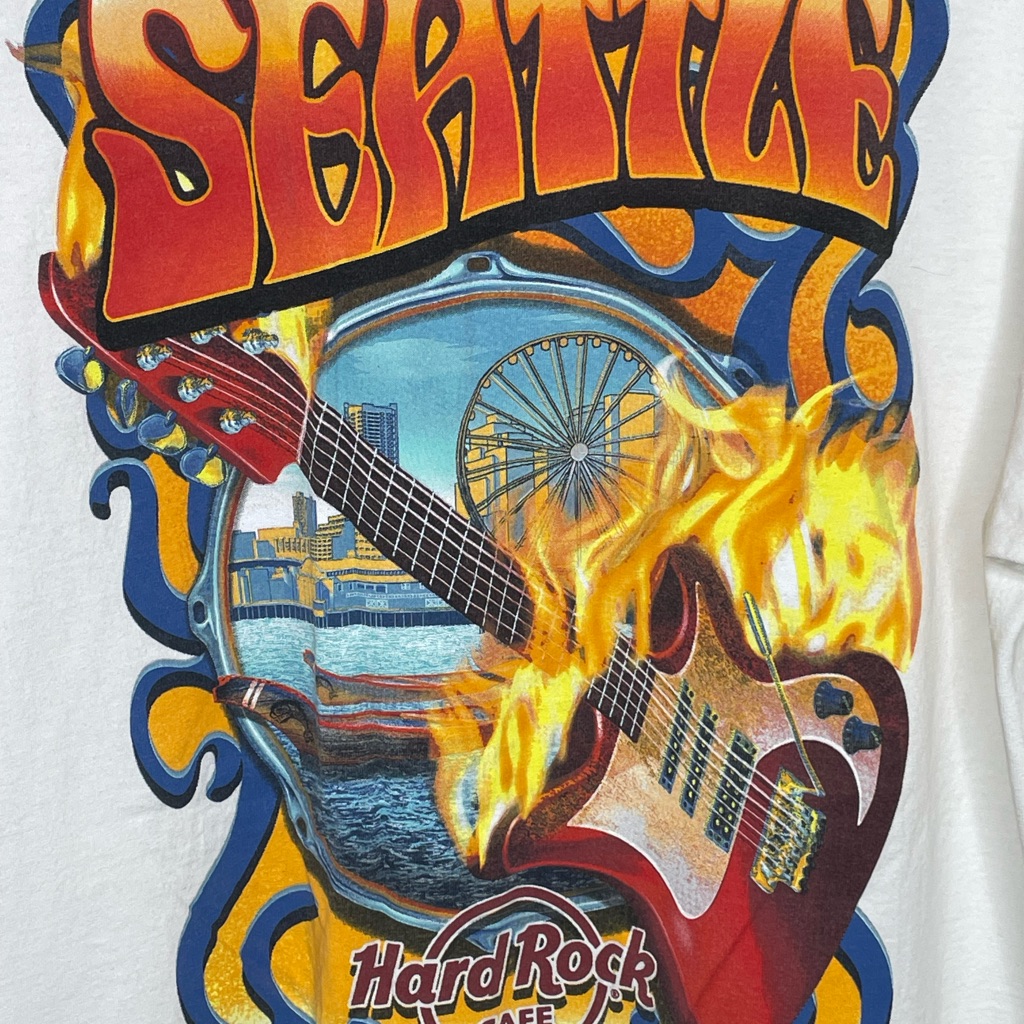 Hard Rock Cafe White Tee With Blue Seattle Logo Large